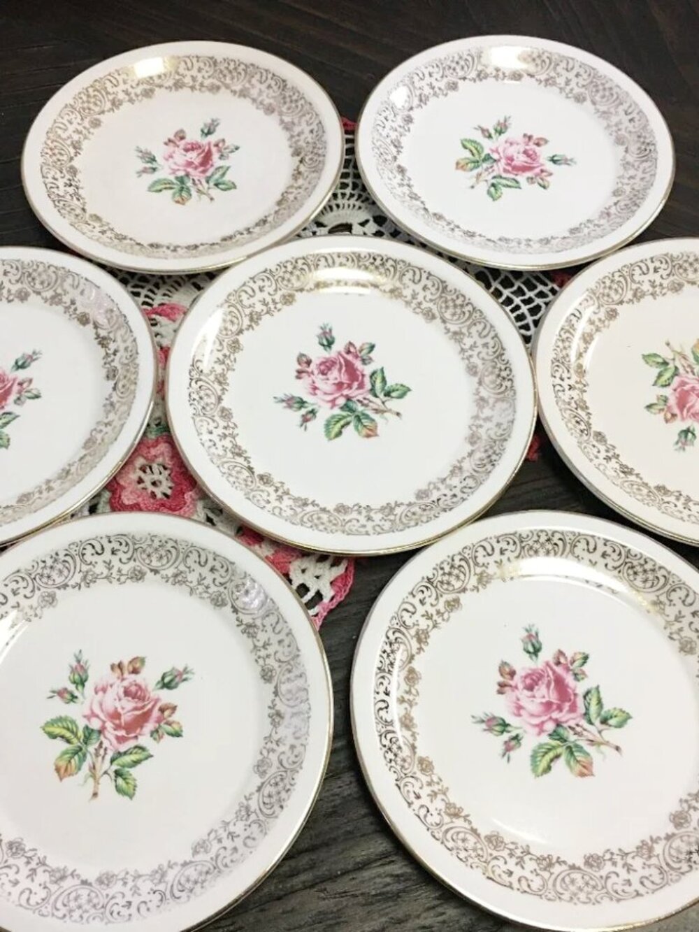 7 Vintage Cornish Rose Georgian Fine China Dessert Plates 22KT Gold Trim